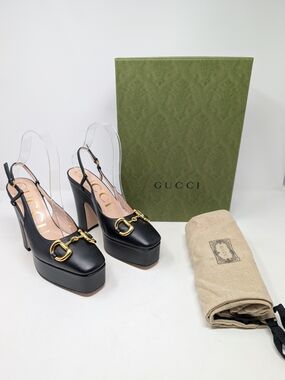 NIB NEW Gucci Baby Platform Horsebit Slingback Pumps Charlotte Black Size 36.5